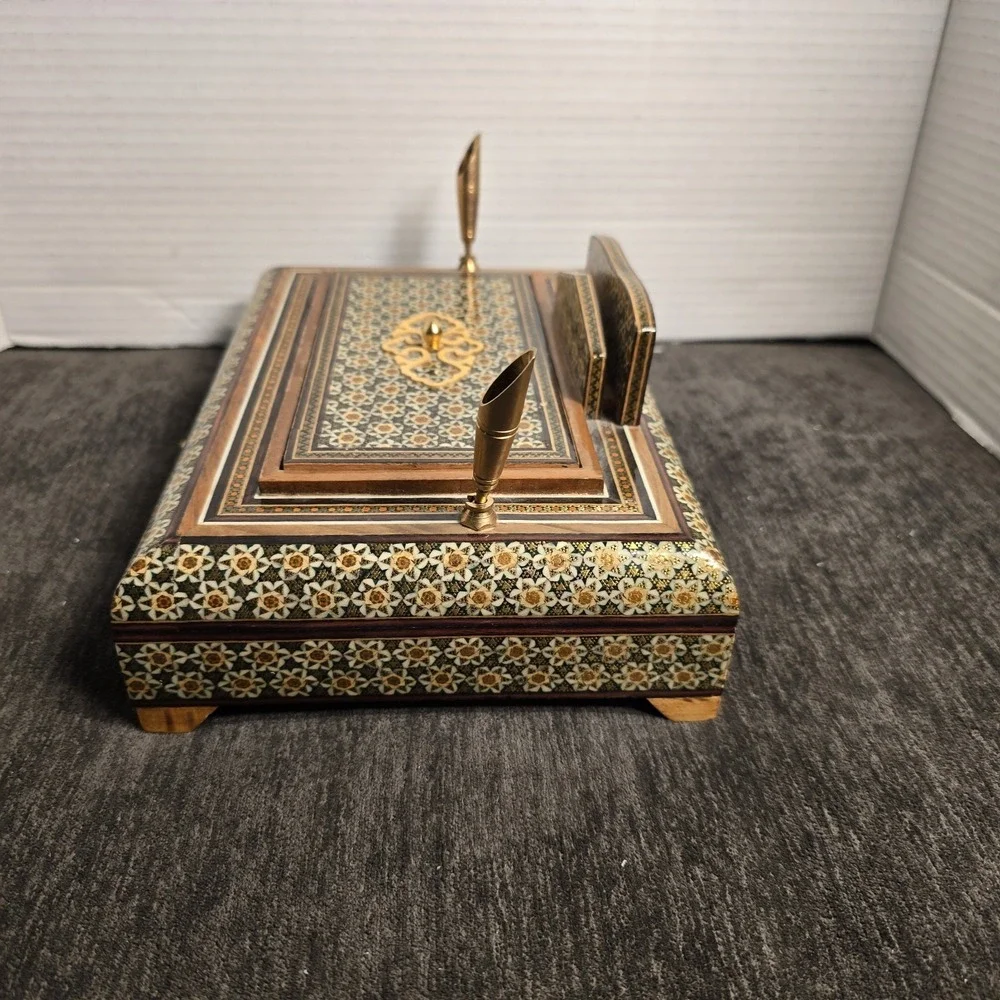 Handcrafted Inlay Desk Organizer Persian Khatam Marquetry Pen Card Holder Box